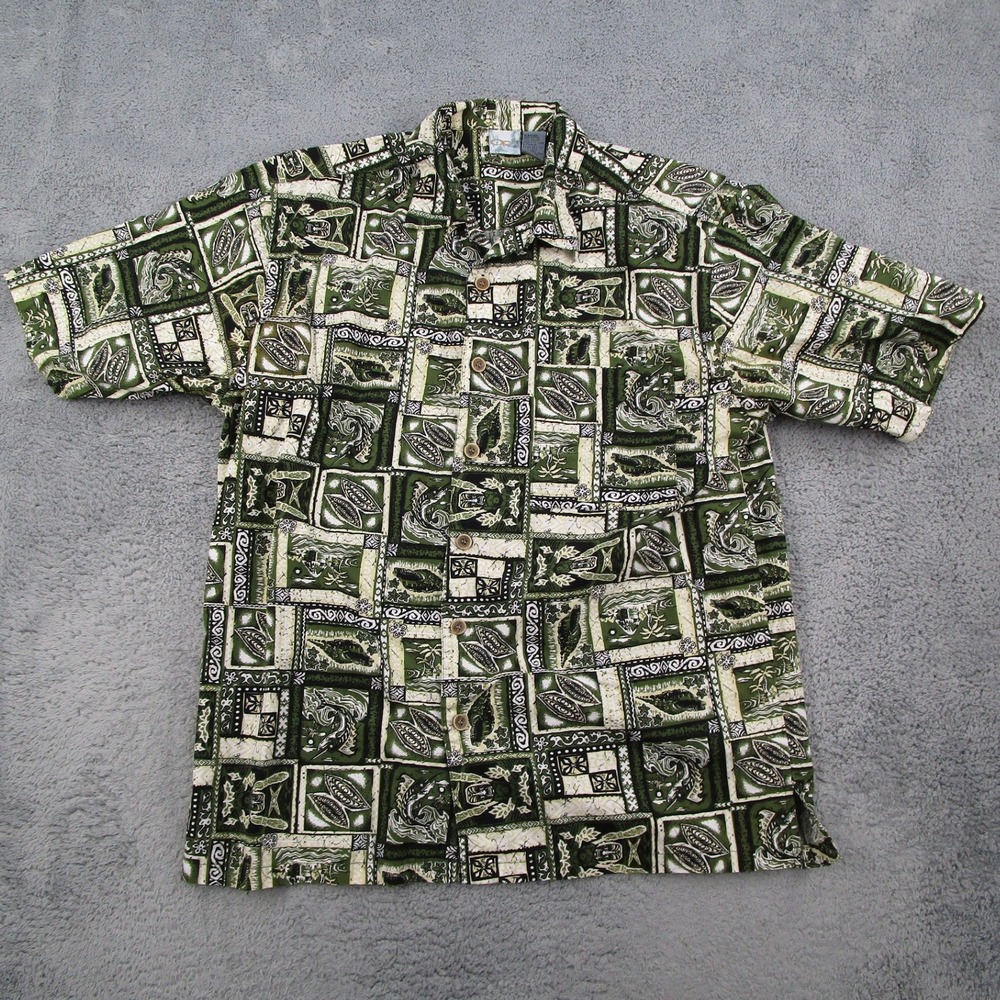 Ocean Pacific Mens Green Tiki Tribal Button Down Shirt Large Loop Collar Y2K